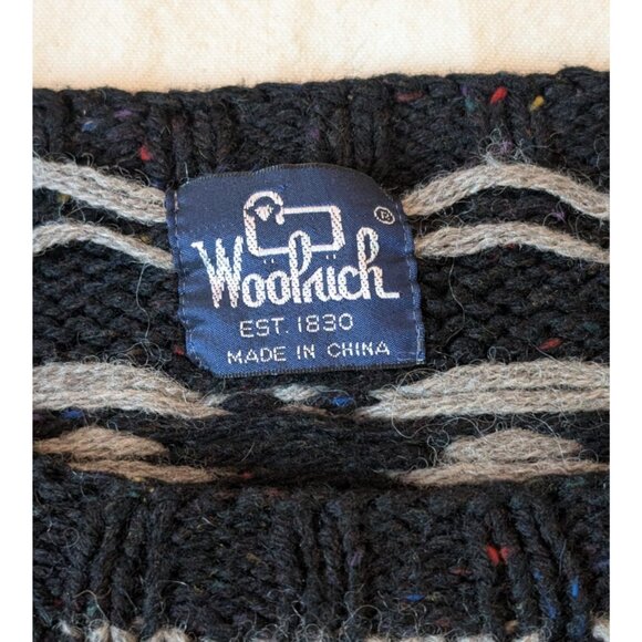 Woolrich VTG Southwetern Thick Knit Sweater Wool 80s 90s Black Tribal Boxy MED - Picture 5 of 6